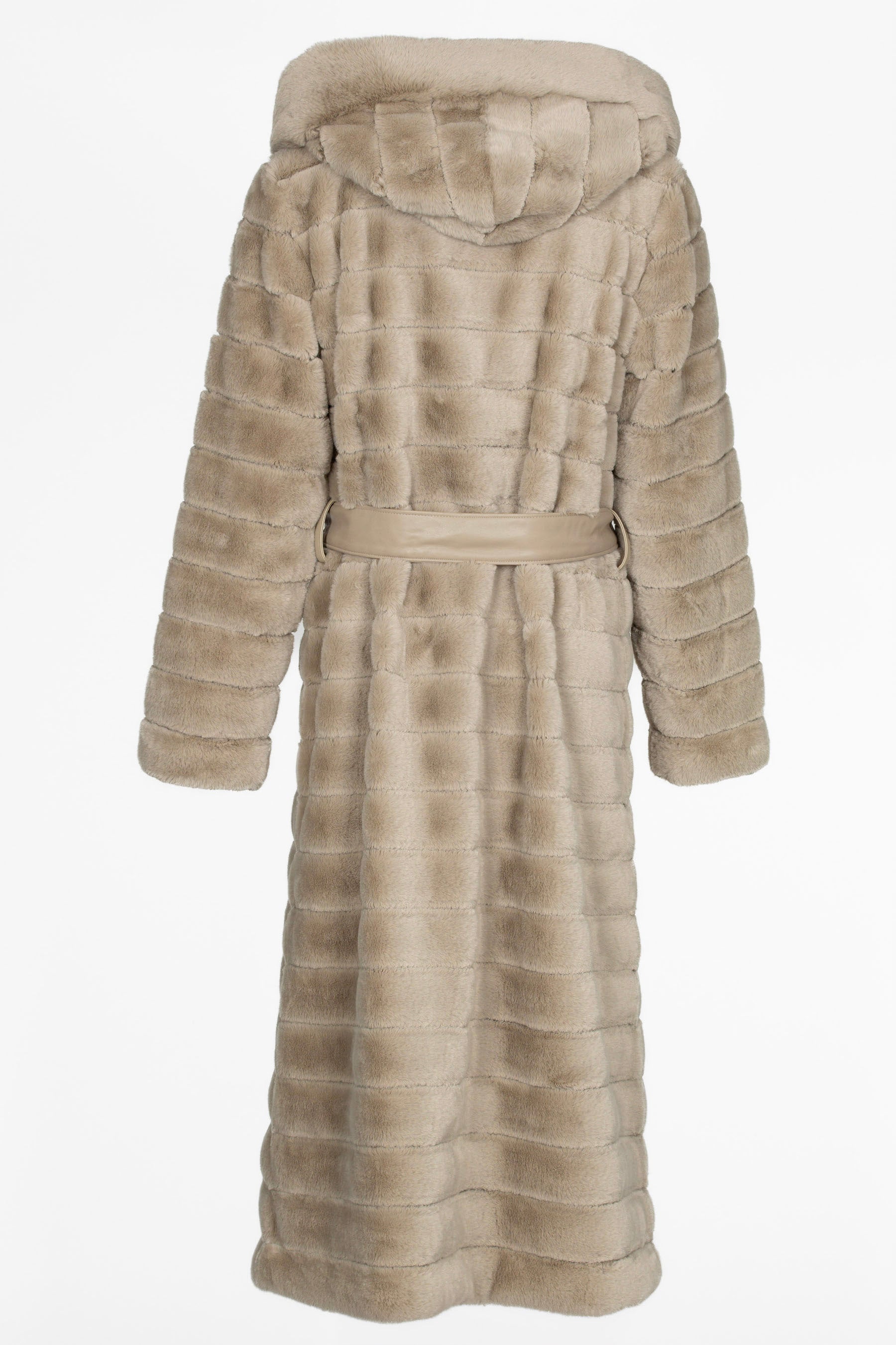  Luxuriöser Damen Fellmantel mit Kapuze, A-Linie, Faux Fur, 120 cm, Champagne, Rückansicht