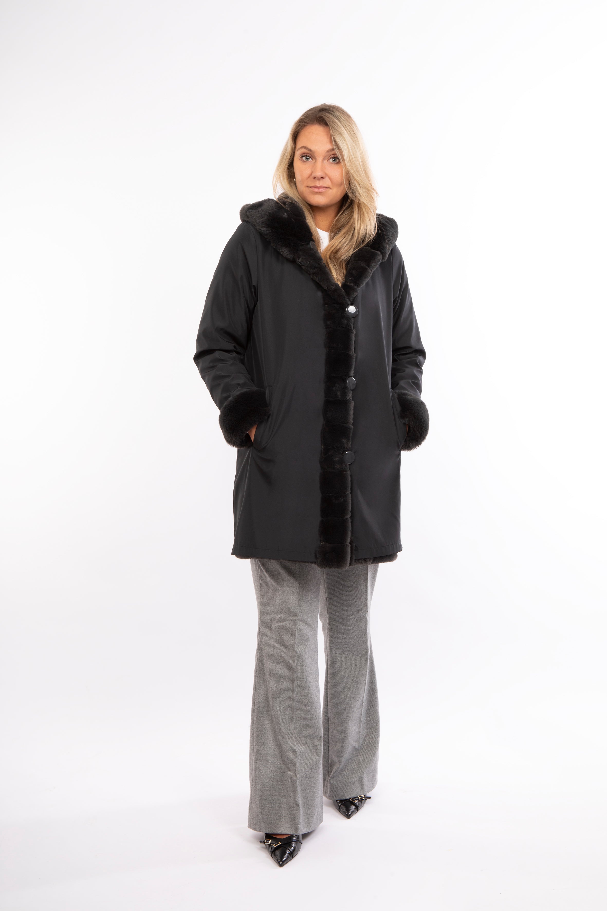 Graue Kunstfell Mantel Mit Kunstfell COVERED Fellimitatmantel