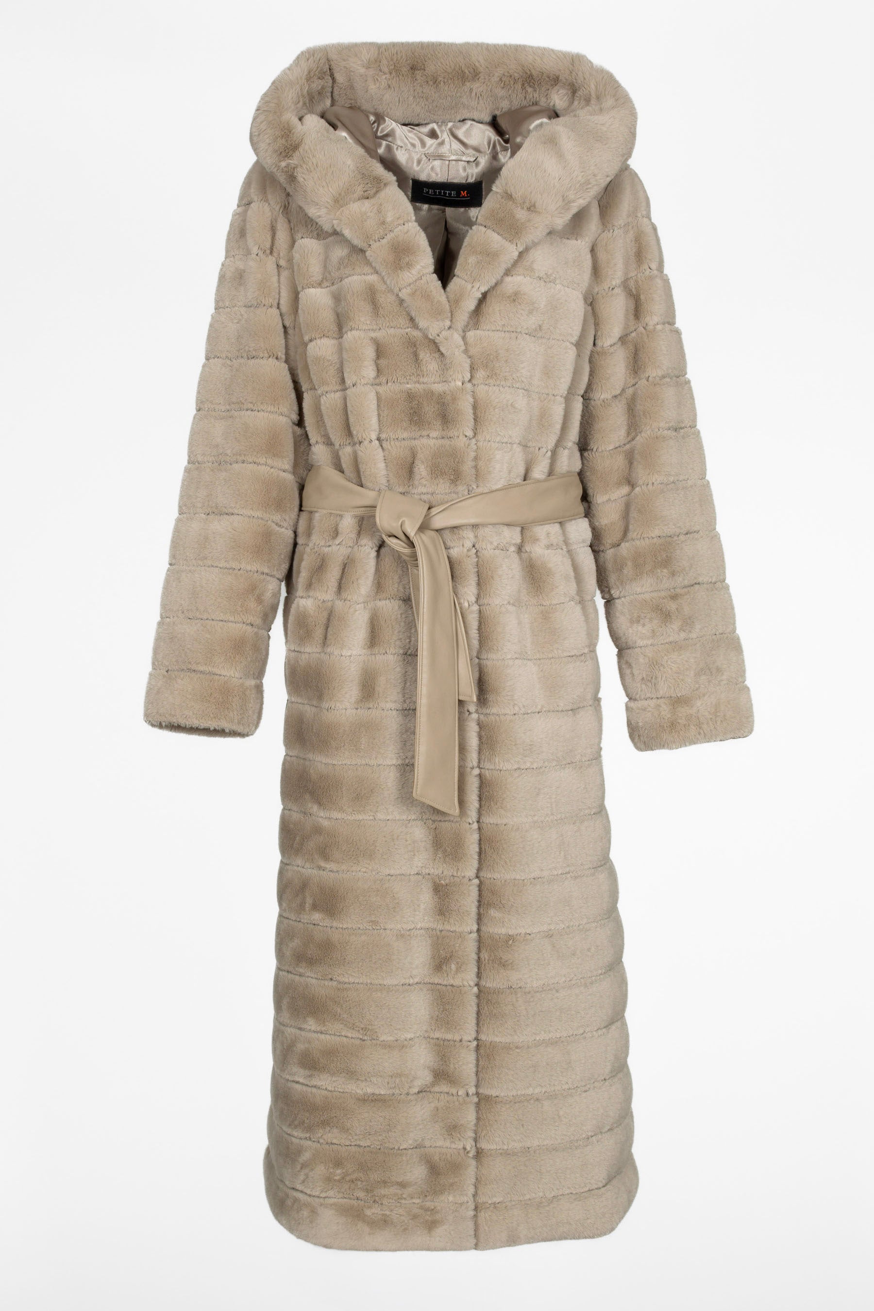 Luxuriöser Damen Fellmantel aus Faux Fur mit Kapuze, A-Linie, 120 cm, Champagne, Vorderansicht