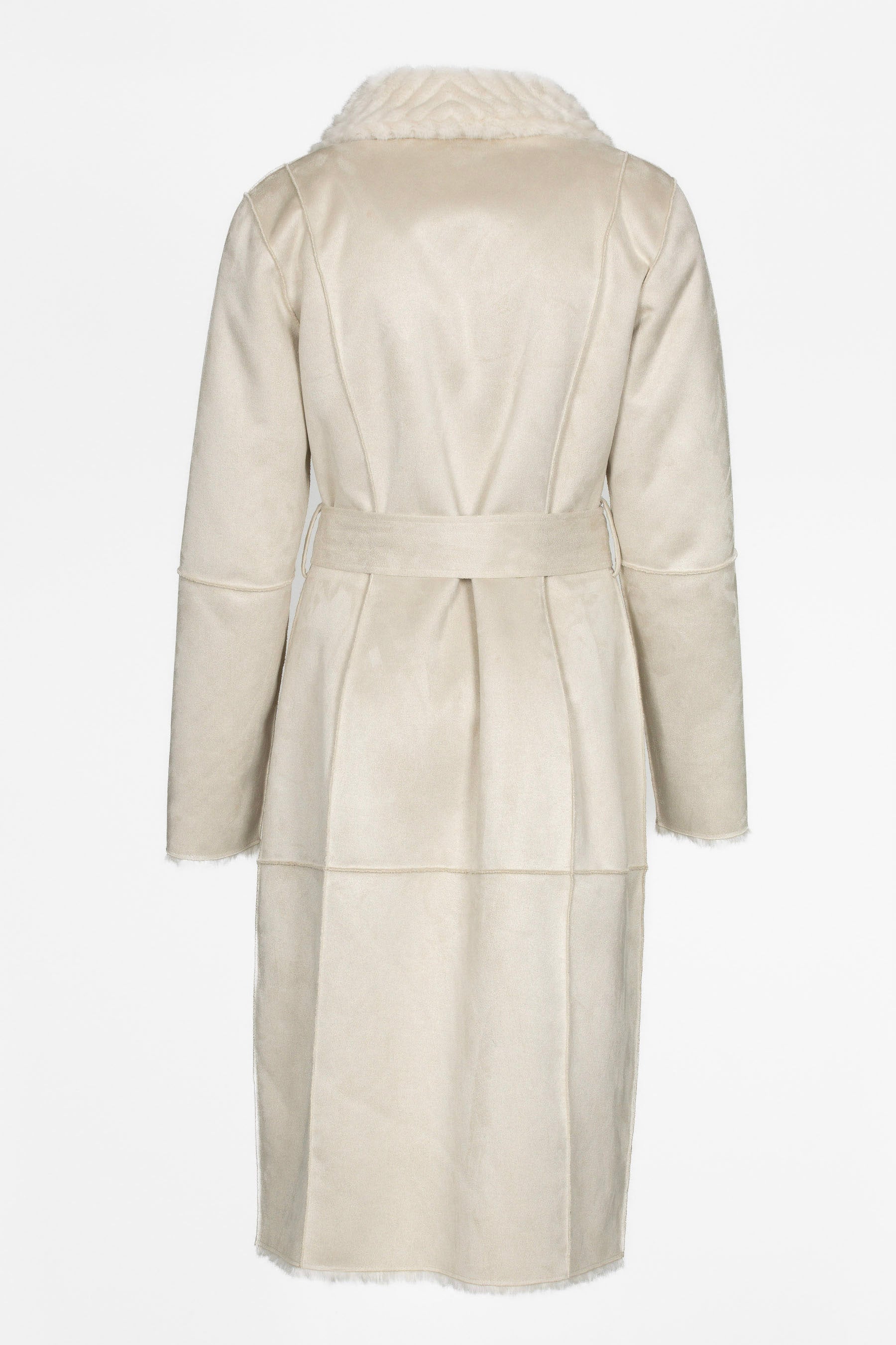 Langer Damen-Trenchcoat Ecru, Rückseite mit Gürtel und Taillierung
