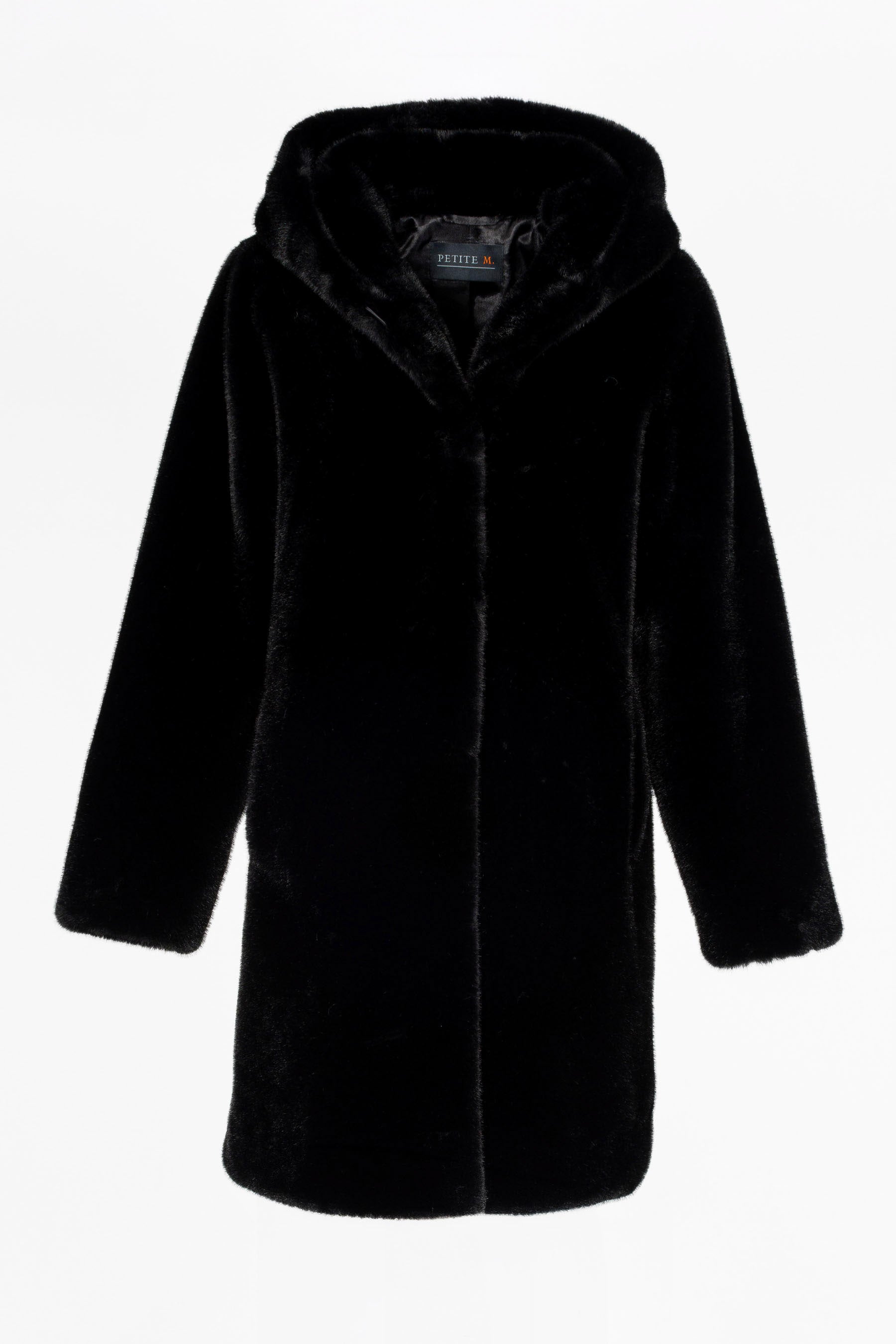 Damen Kurzmantel Schwarz, Fake Fur Mantel mit Kapuze und A-Linien-Schnitt, Vorderansicht