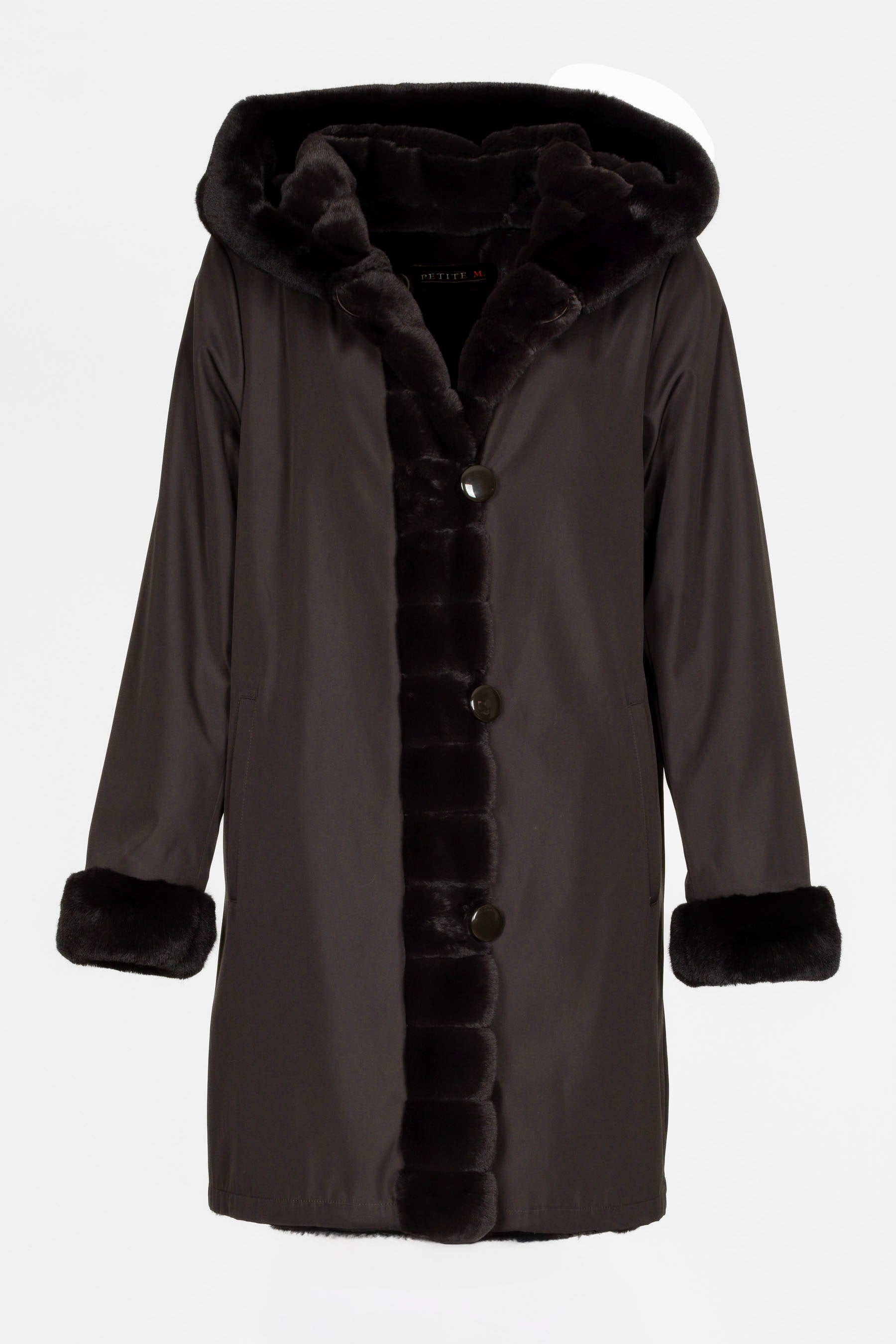Eleganter Damen-Kurzmantel Dunkelbraun, Fake Fur, Vorderansicht 