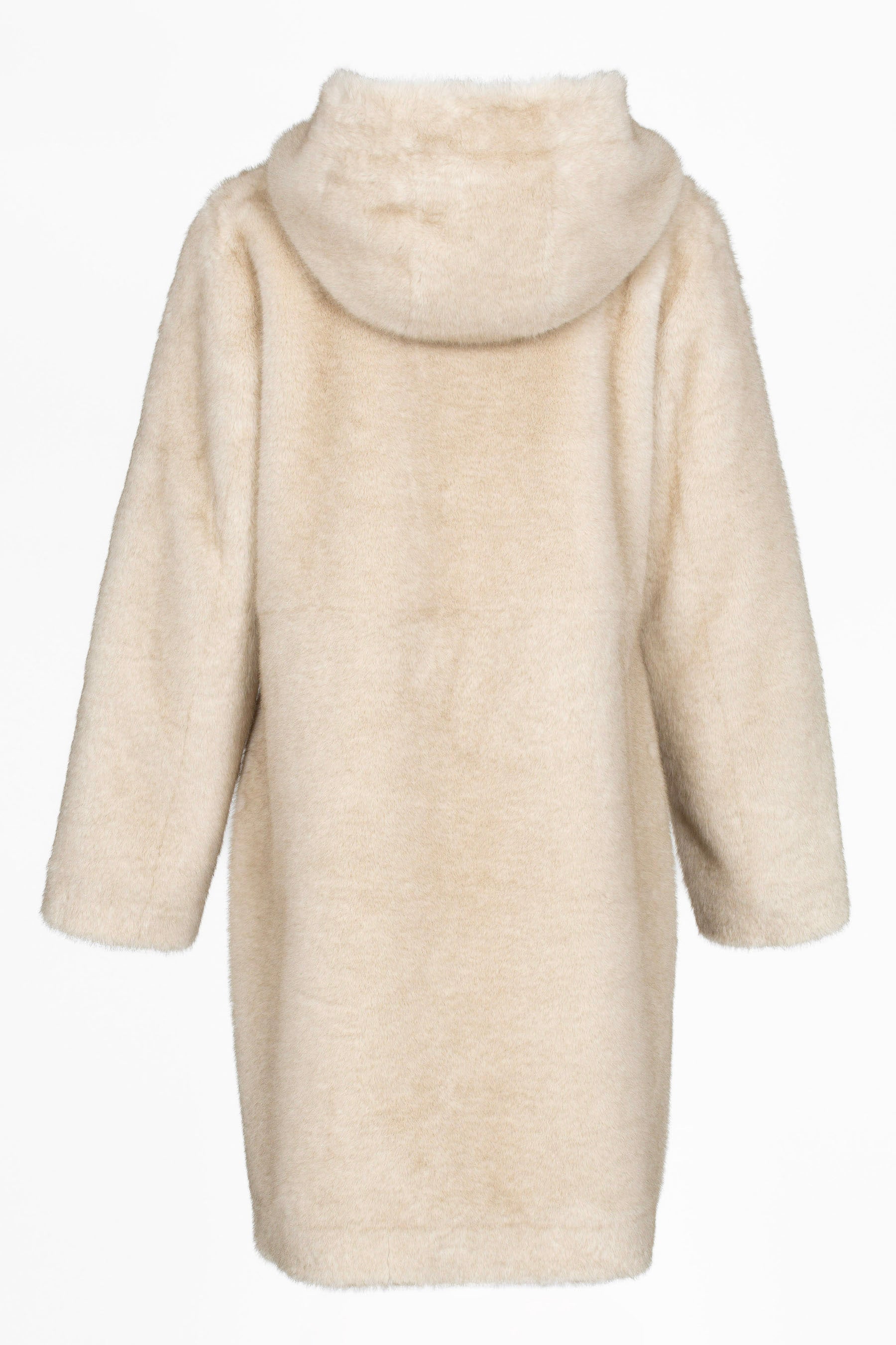 Faux Fur Damenparka in Ecru, langer Schnitt, Rückseite
