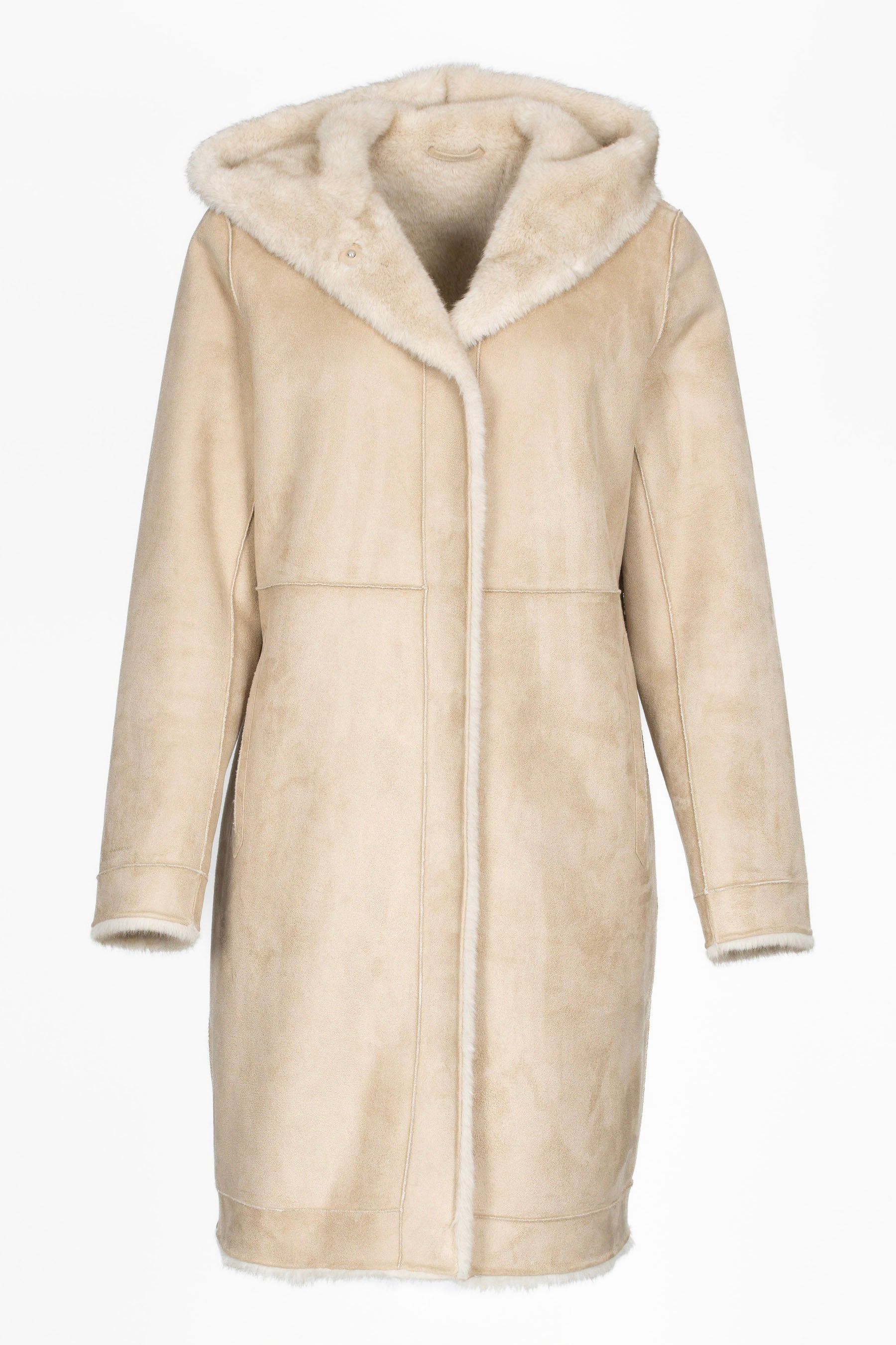 Eleganter Kunstfell Parka in Ecru mit Fake Lammy Optik, Frontansicht