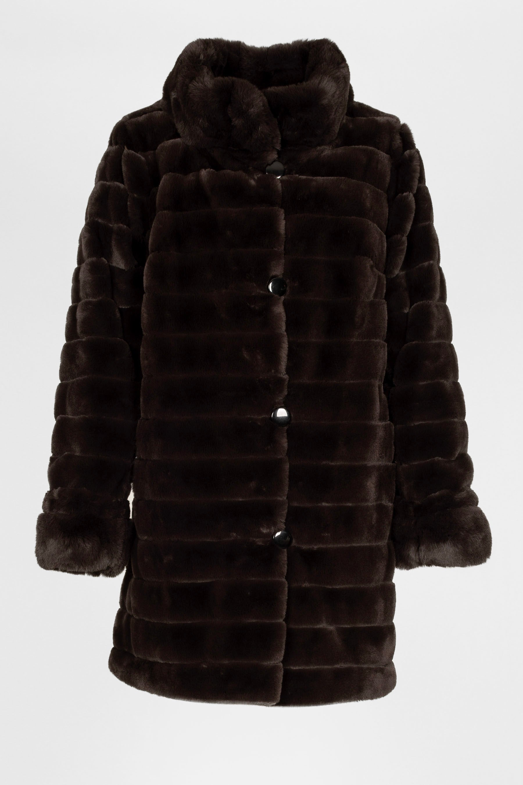 Faux-Fur Wendejacke für Damen in Schwarzbraun, Stehkragen, 90 cm lang, Vorderansicht