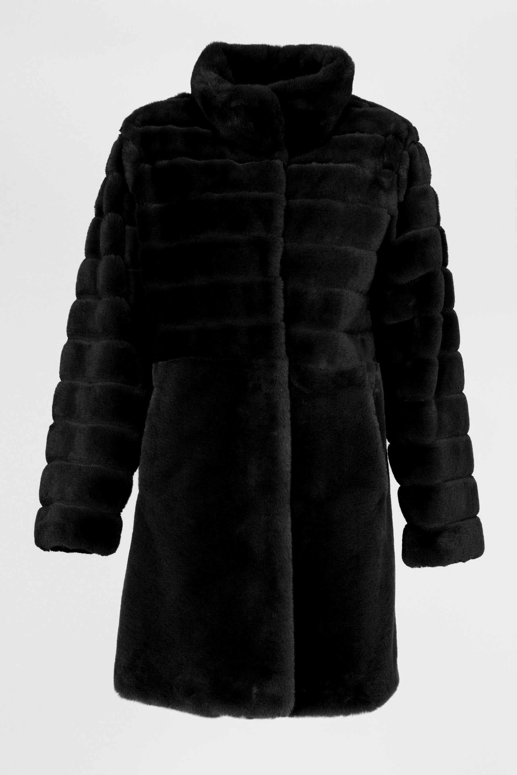 Kurzer Kunstfellmantel in Schwarz mit Stehkragen und Pelzhakenverschluss, 90 cm 

