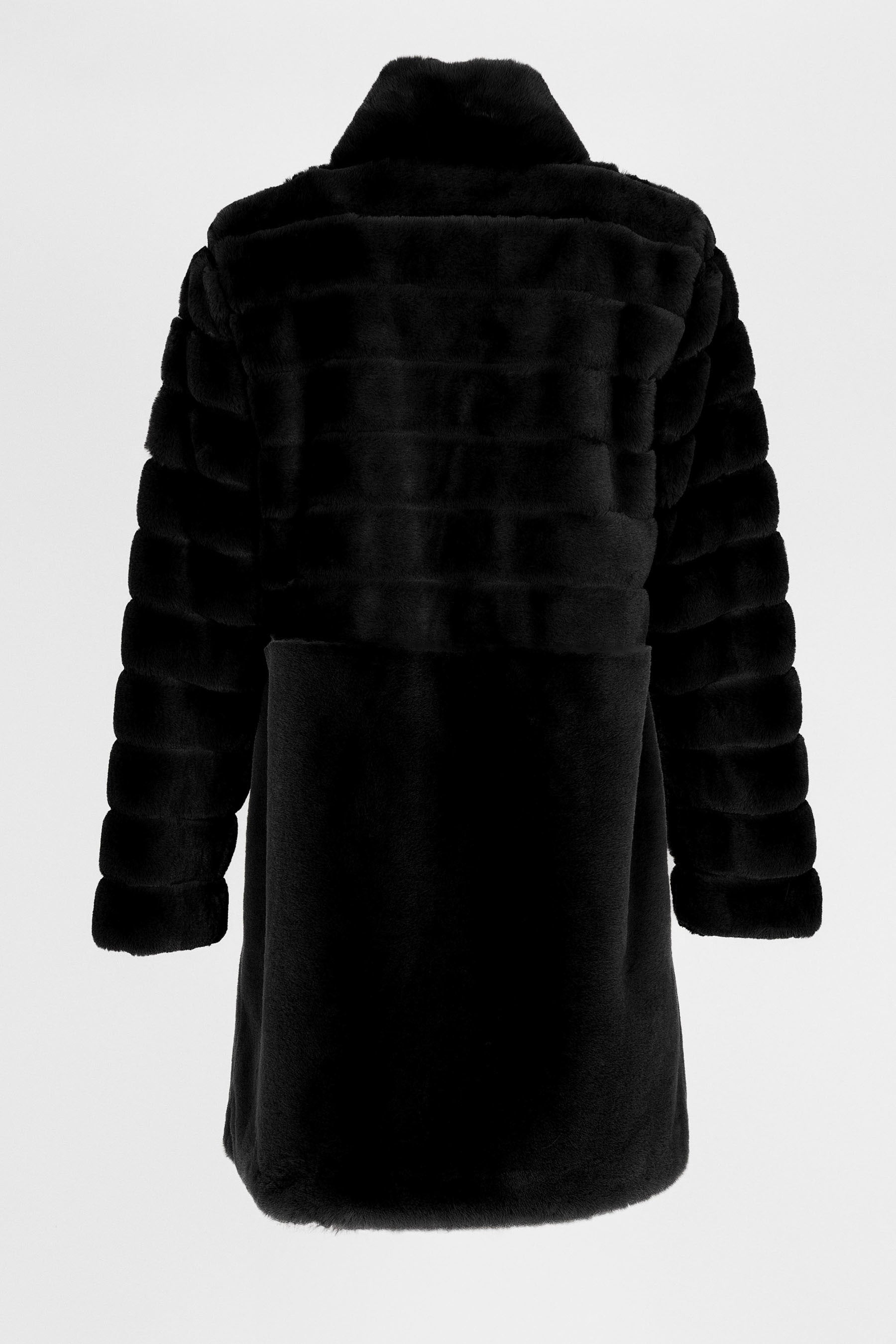 Kurzer Kunstfellmantel in Schwarz mit Stehkragen und Pelzhakenverschluss, 90 cm lang