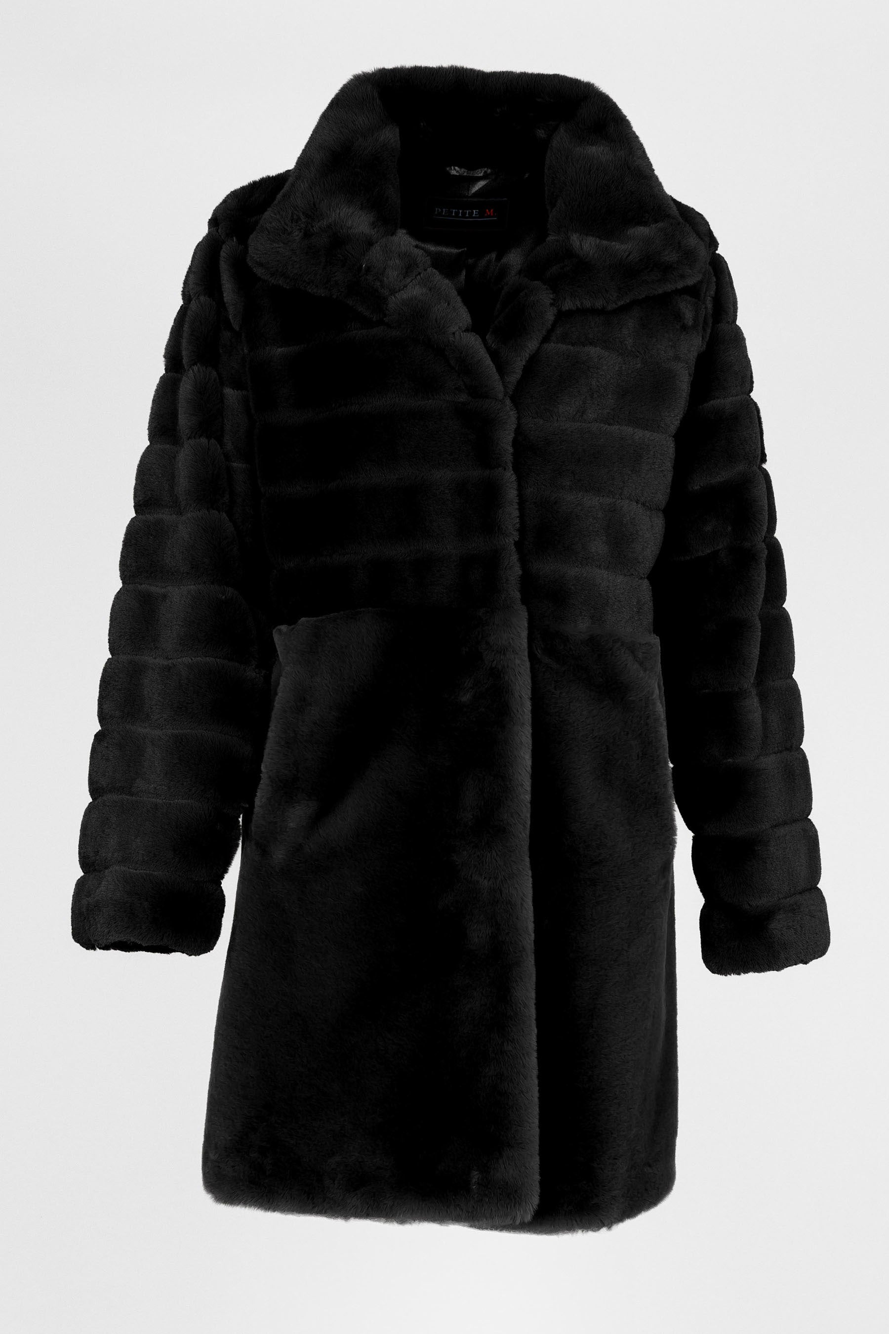 Kurzer Kunstfellmantel in Schwarz mit Stehkragen und Pelzhakenverschluss, 90 cm lang, Vorderseite