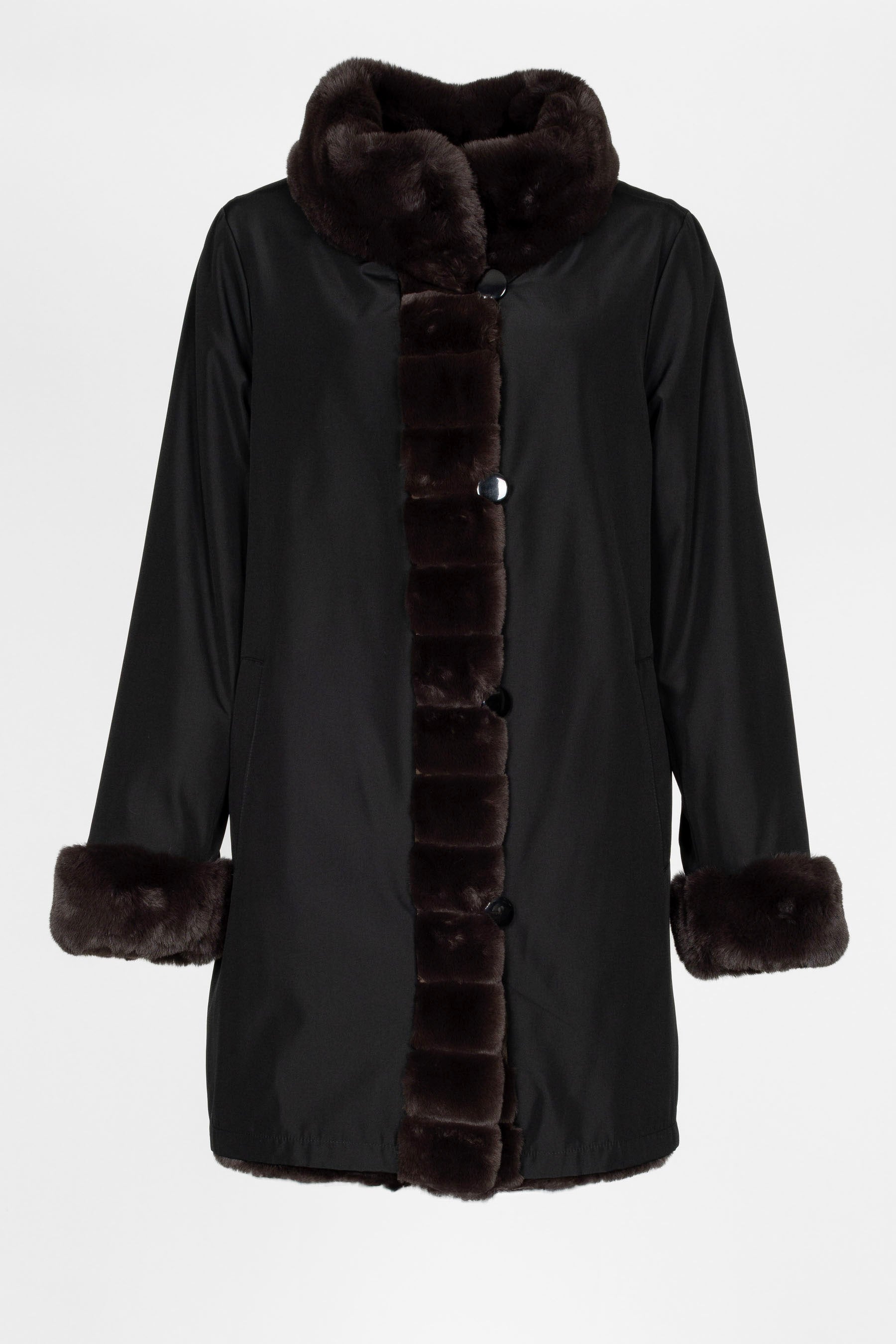 Schwarzbraune Wendejacke für Damen, Kunstpelz, Stehbordkragen, 90 cm, Vorderansicht