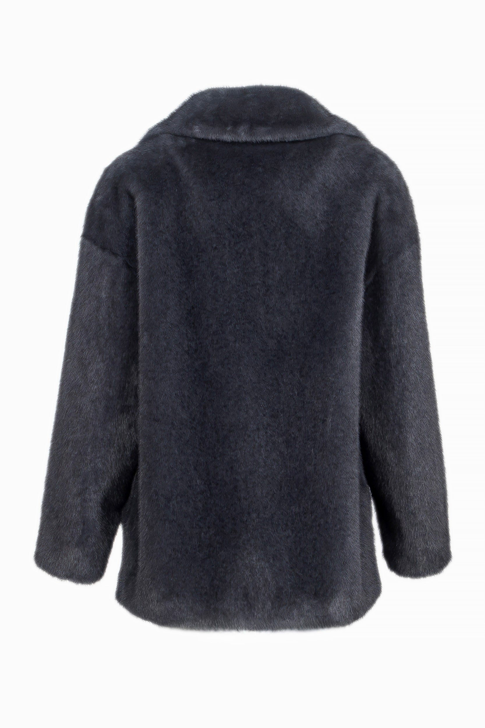 Elegante Kunstfelljacke in Greyblue, Rückseite.