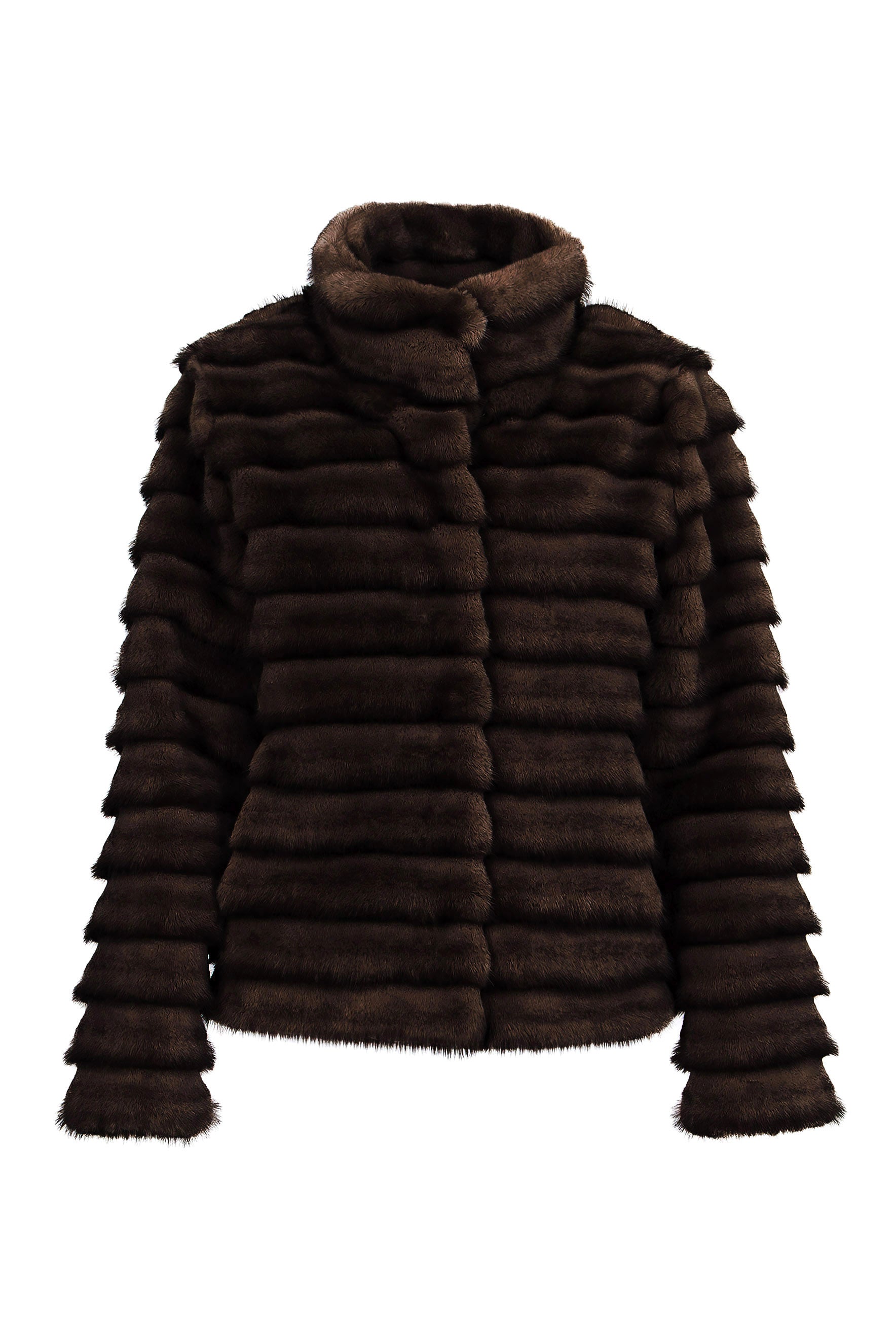 Kurze Damenjacke aus Kunstfell in Dunkelbraun mit Nerz-Optik – Vorderansicht