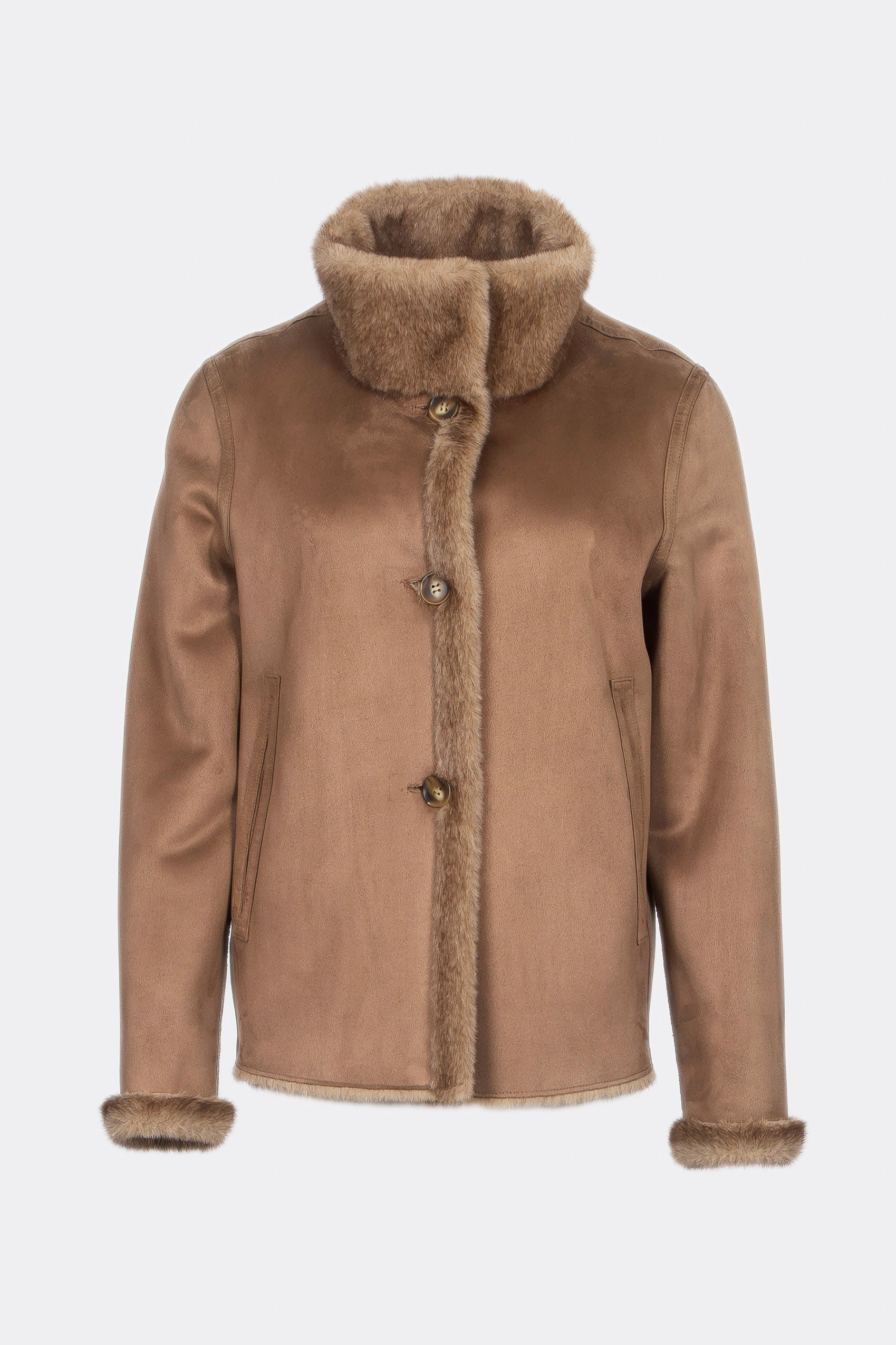Kurze Damen-Wendejacke mit eleganter Nerz-Optik in Dunkelbraun, Vorderansicht