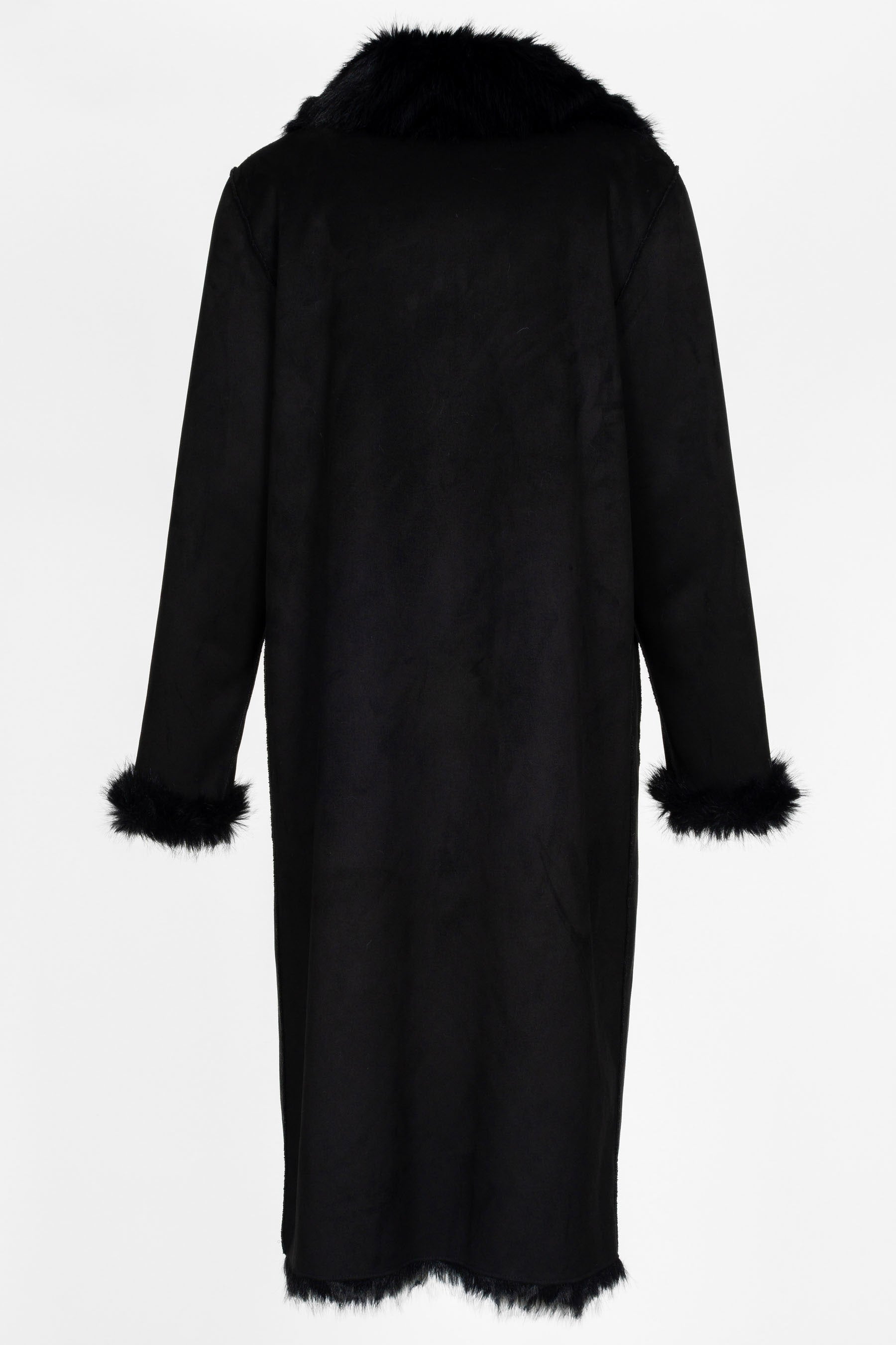 Rückansicht Damen Lammfellmantel Schwarz, 110 cm, langhaarig