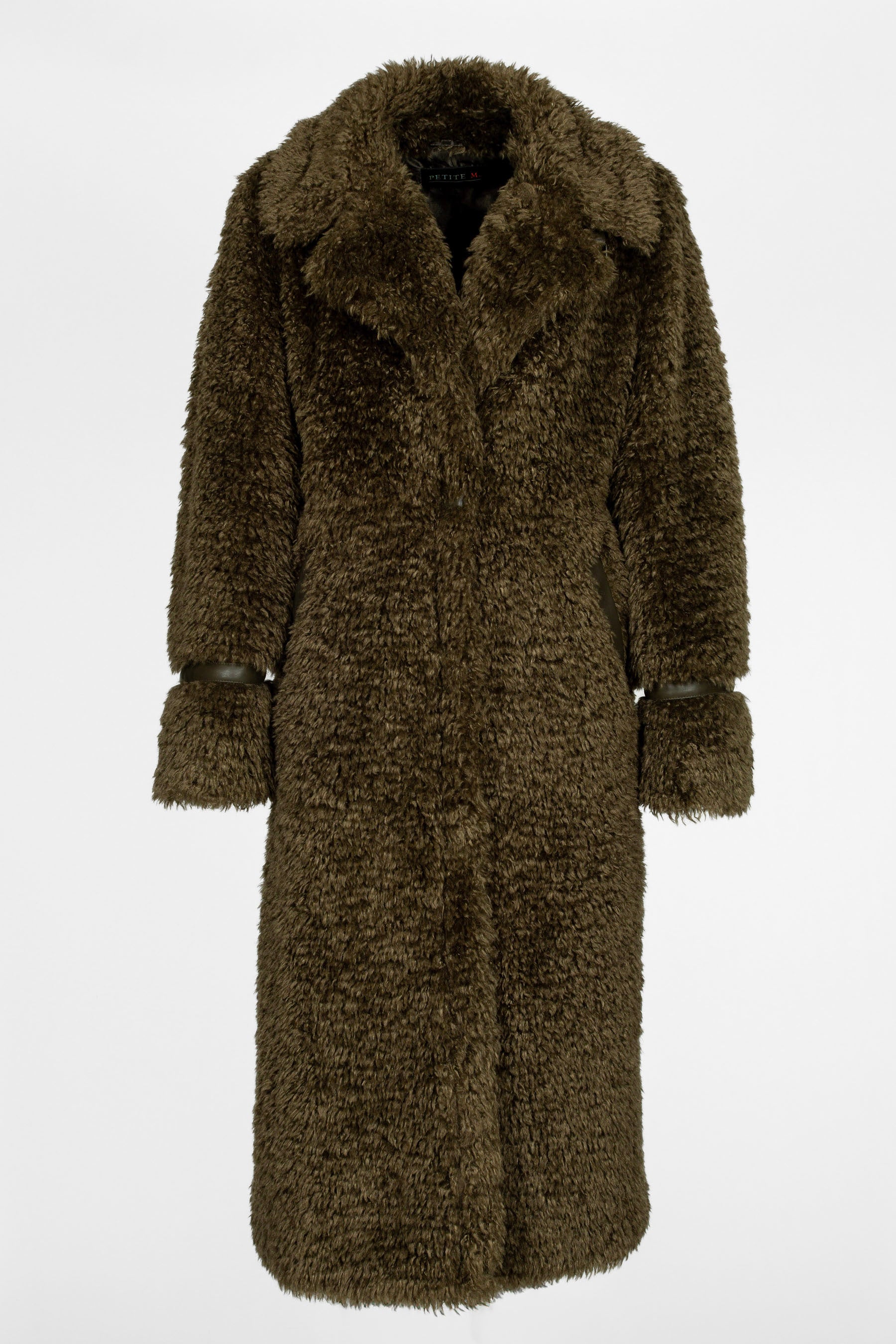 Blazermantel Damen Dunkelgrün, Teddyfellimitat, vegan, Eco-Leder, Vorderansicht 115 cm
