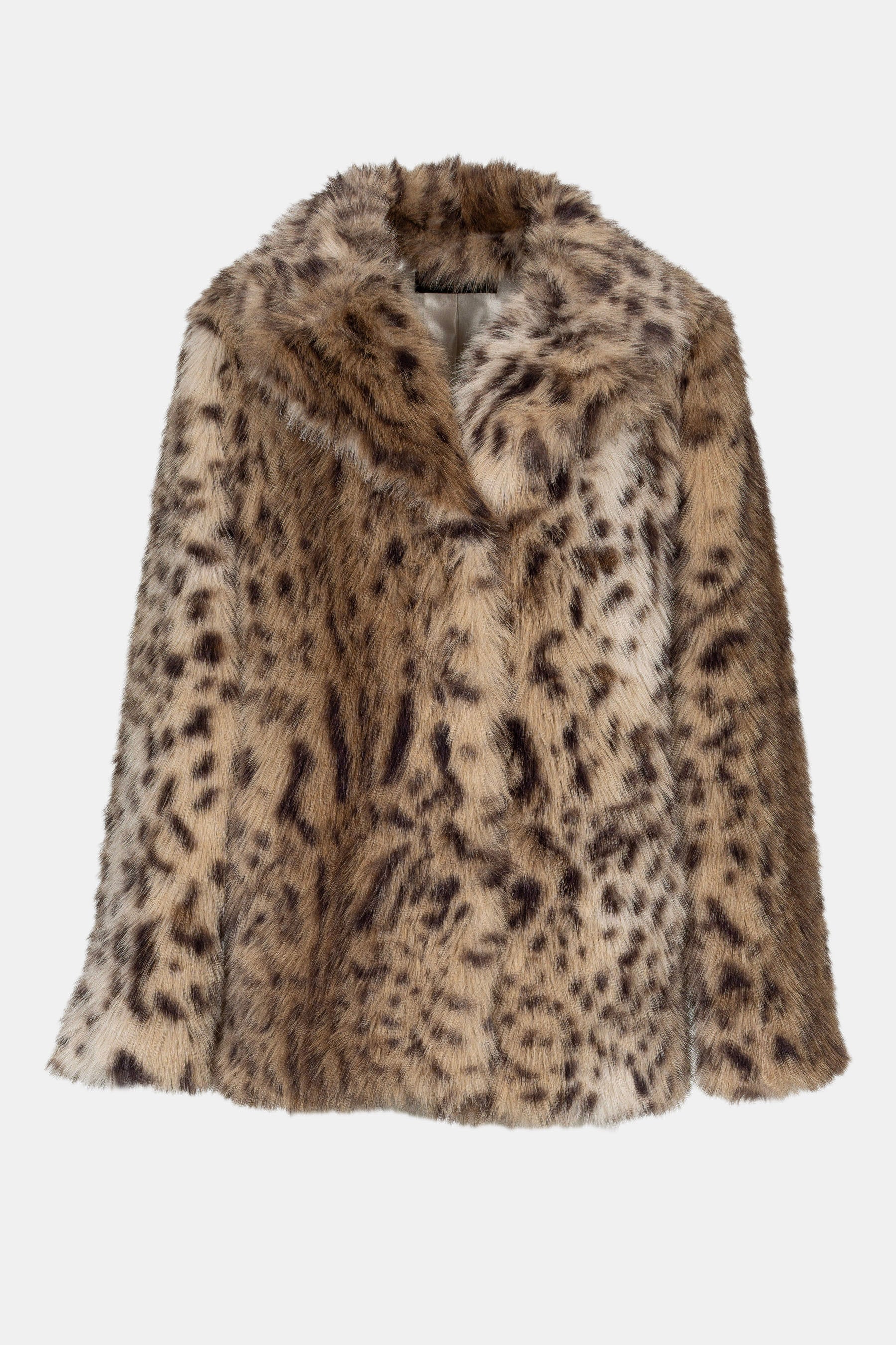 Faux Fur Damenjacke mit Pelzhaken im Leo-Print Brown Animal, Frontansicht