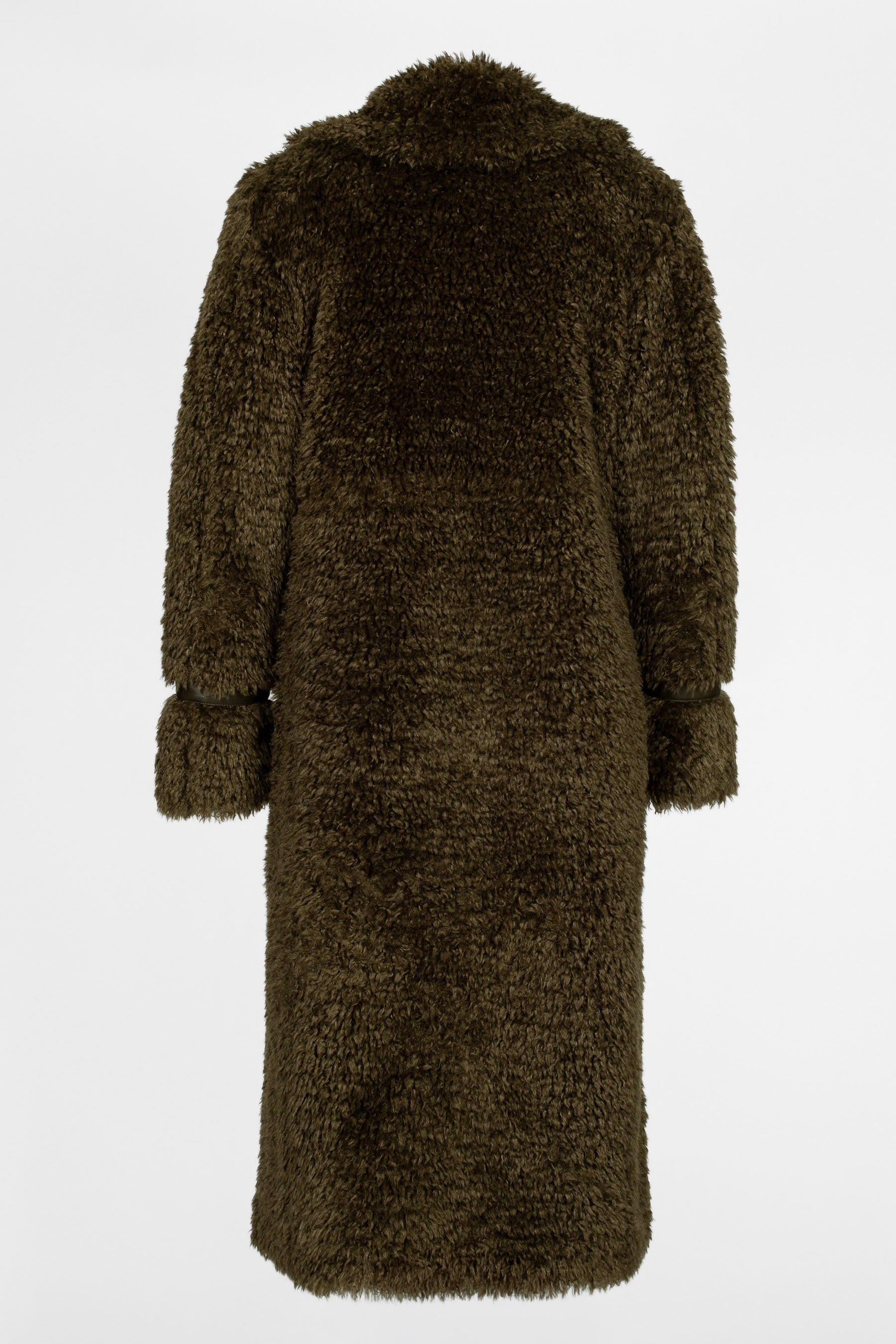Langer Damen-Blazermantel in Dunkelgrün aus Teddyfellimitat mit Eco-Leder-Details, Rückenansicht, 115 cm