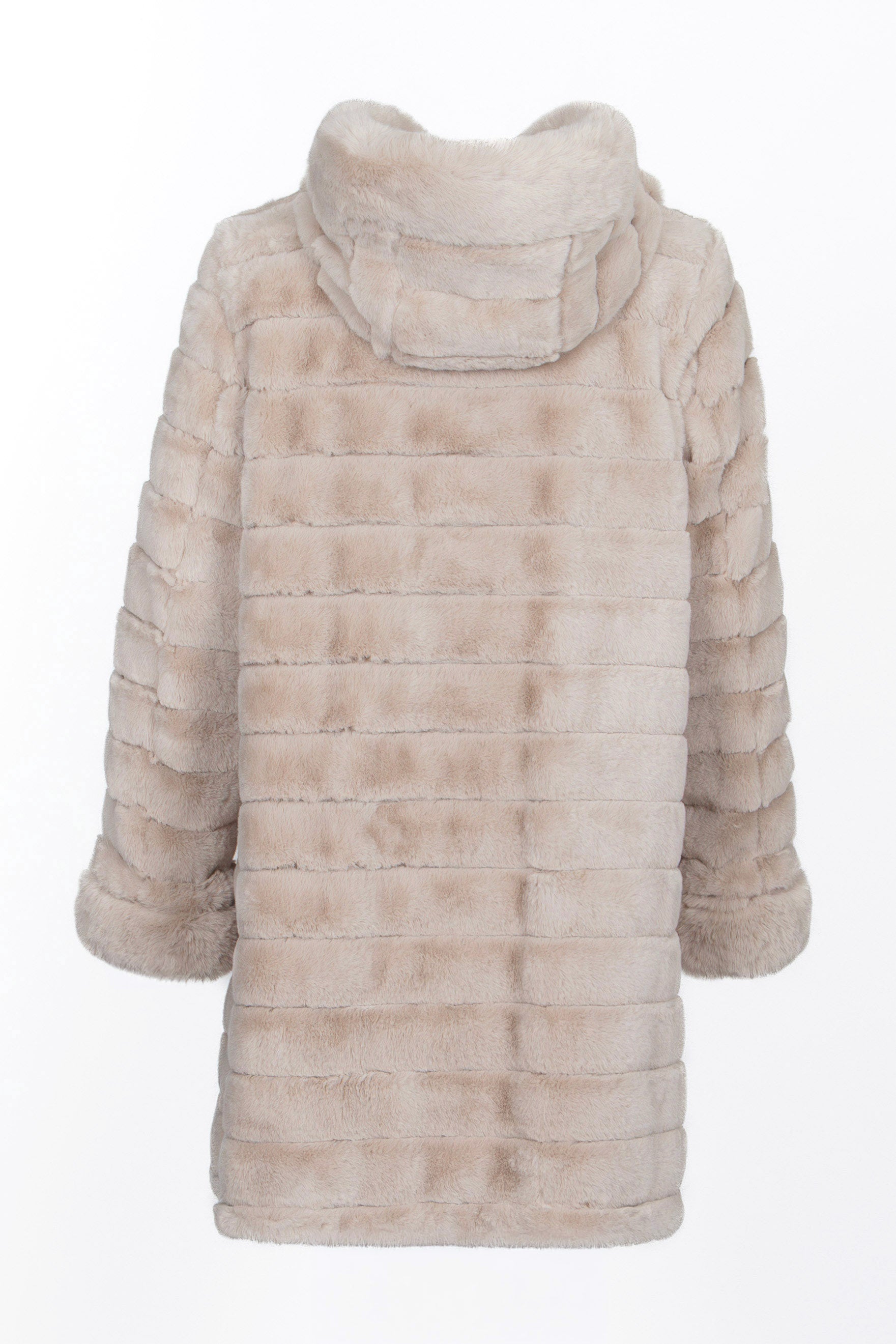 Teddymantel Damen in Ecru mit Kunstfell in Ringeloptik und Kapuze – Rückansicht