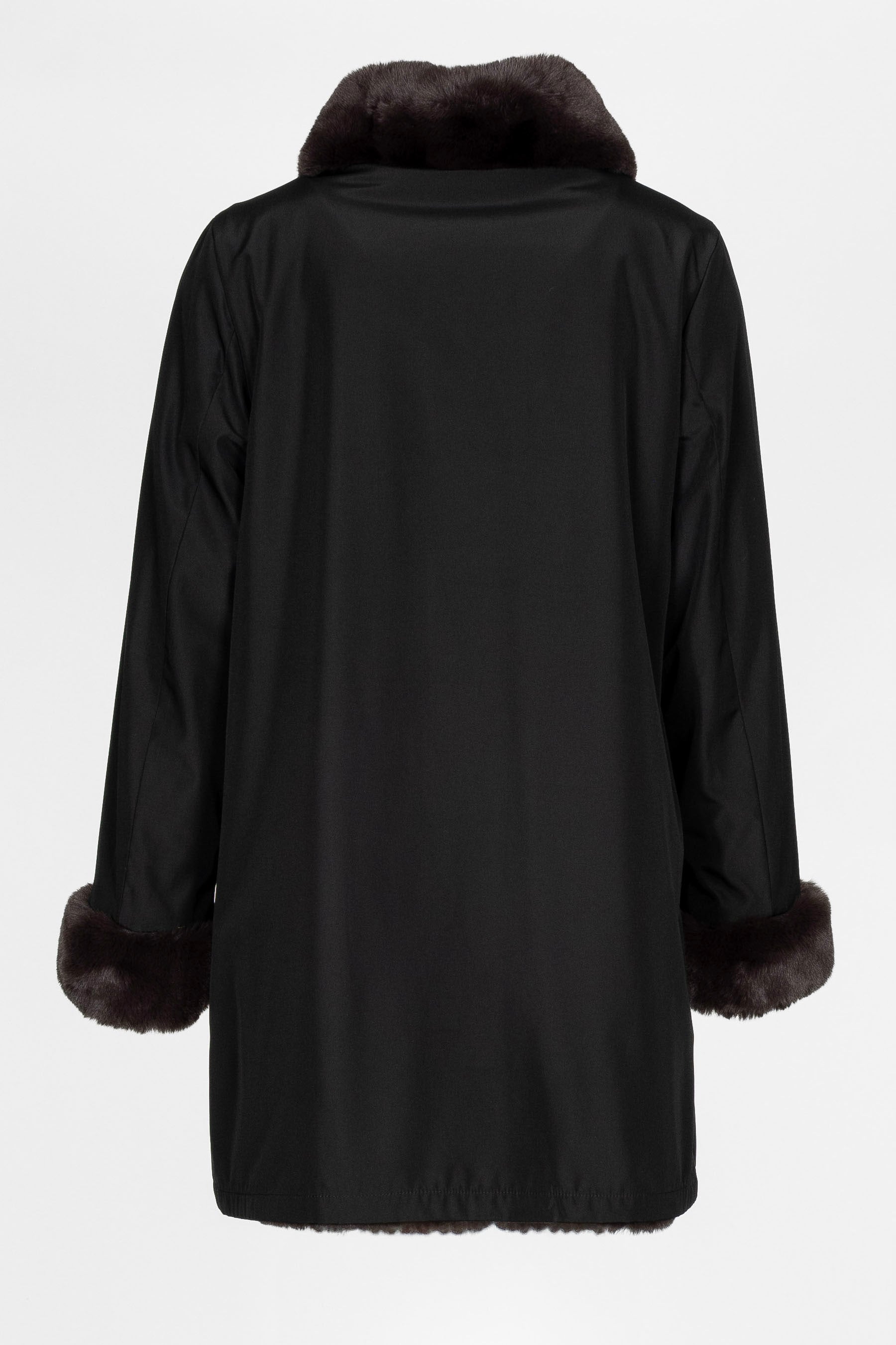 endejacke Damen in Schwarzbraun, Pelzoptik, Stehbordkragen, 90 cm, Rückansicht