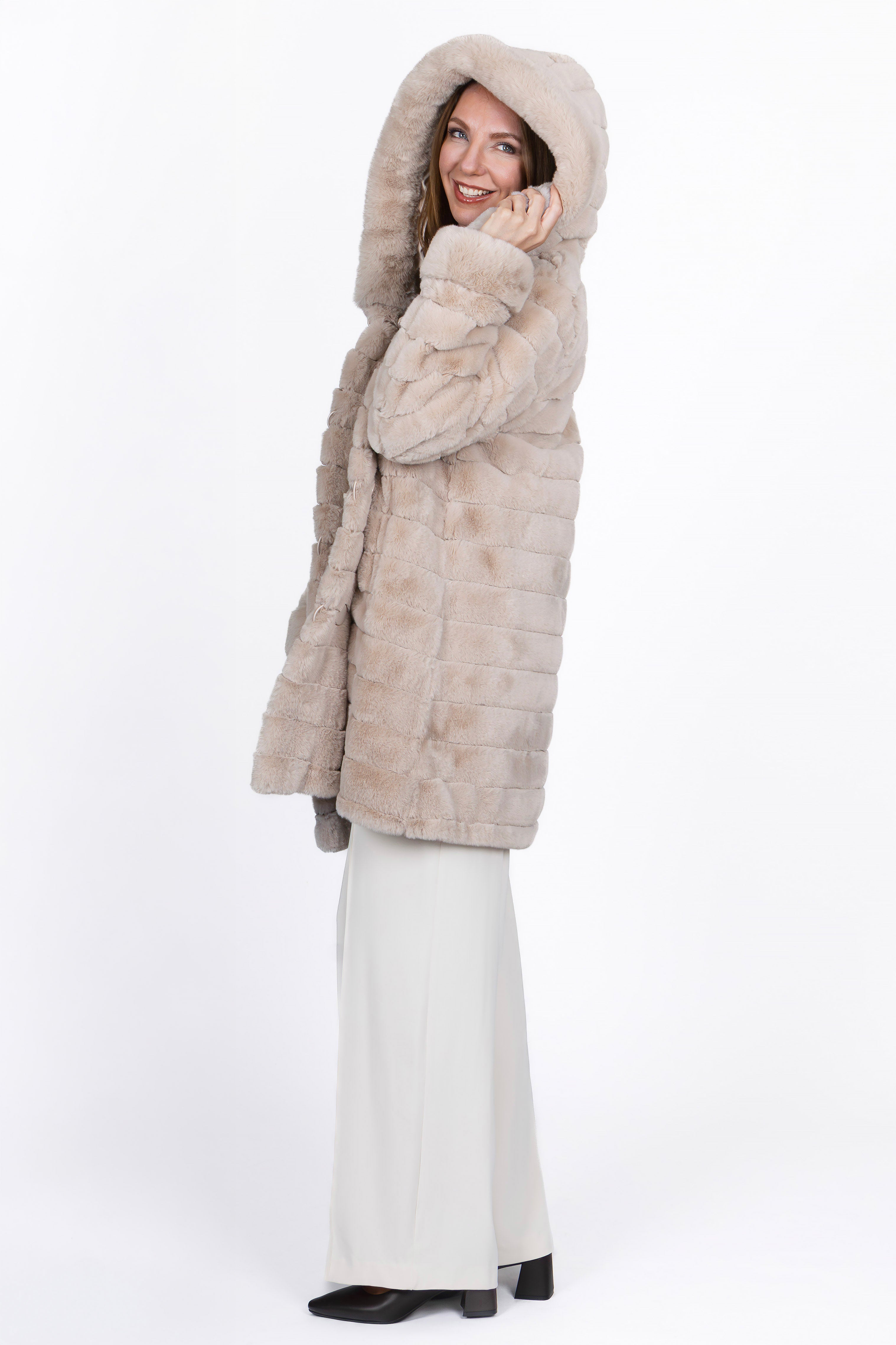 Wendemantel Damen in Taupe/Black mit Kapuze – linke Seitenansicht