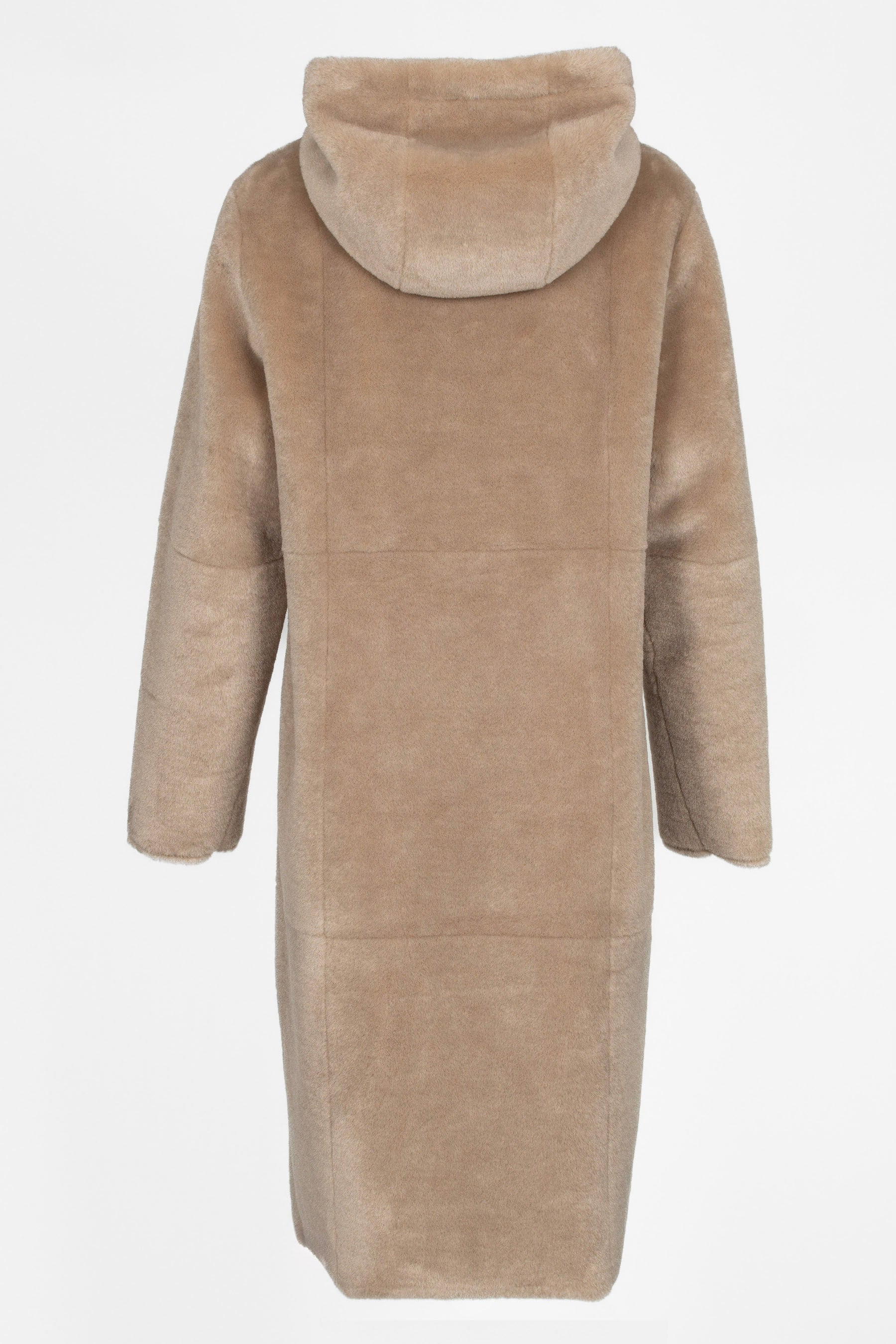 Rückseite beidseitig tragbarer Lammfellparka, Damenmodell Beige